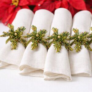 Christmas Glass Beaded Napkin Rings Set of 4 Winter Sprigs Holiday Table Decor